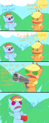 Size: 640x1600 | Tagged: safe, artist:zippazappzoom, applejack, rainbow dash, g4, apple, comic, gun, puppet, thief, wat