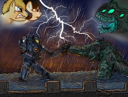 Size: 2048x1556 | Tagged: safe, artist:chiimich, kaiju, fight, jaeger, leatherback, mako mori, mech, pacific rim, ponified, raleigh beckett