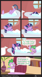 Size: 860x1570 | Tagged: safe, artist:dm29, spike, twilight sparkle, g4, annoyed, bath, bathtub, bubble, bubble bath, claw foot bathtub, comic, duo, eyes closed, frown, open mouth, smiling, steam, towel, wide eyes
