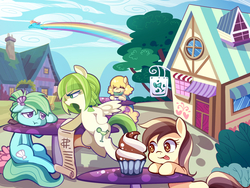 Size: 1600x1200 | Tagged: safe, artist:huaineko, rainbow dash, oc, oc:beibei, oc:chidey, oc:vanilla, pegasus, pony, g4, cafeteria, clothes, cloud, cupcake, female, floppy ears, food, licking, licking lips, mare, mountain, pixiv, ponyville, rainbow trail, scarf, sky, tongue out, tree, wagon