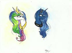 Size: 2293x1674 | Tagged: safe, artist:careness, princess celestia, princess luna, g4, bust, traditional art