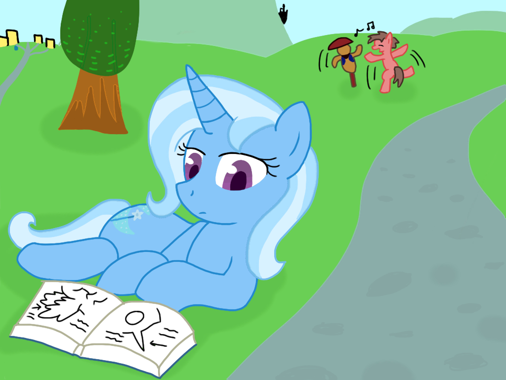 725292 - dead source, safe, artist:tasticstarlight, trixie, oc, oc:big  brian, earth pony, pony, unicorn, banned from equestria daily, g4, bipedal,  book, dancing, earth pony oc, female, horn, lying down, male, mare, music