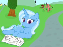 Size: 1024x768 | Tagged: dead source, safe, artist:tasticstarlight, trixie, oc, oc:big brian, earth pony, pony, unicorn, banned from equestria daily, g4, bipedal, book, dancing, earth pony oc, female, horn, lying down, male, mare, music notes, on side, open mouth, outdoors, reading, scarecrow, stallion, tree