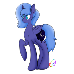 Size: 900x900 | Tagged: dead source, safe, artist:xxloveistheanswerxx, princess luna, g4, female, missing accessory, moonbutt, raised hoof, s1 luna, simple background, smiling, solo