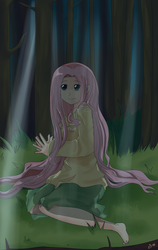 Size: 1752x2771 | Tagged: safe, artist:w-lanier, fluttershy, human, g4, barefoot, feet, female, forest, humanized, solo