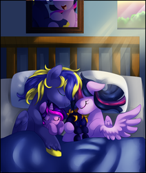 Size: 2273x2682 | Tagged: safe, artist:xnightmelody, twilight sparkle, oc, oc:night sky, oc:violet star, oc:zephyr, alicorn, pony, g4, bed, canon x oc, cute, family, female, group, high res, in bed, mare, ocbetes, offspring, parent:oc:zephyr, parent:twilight sparkle, parents:canon x oc, parents:twiphyr, quartet, sleeping, twilight sparkle (alicorn), twiphyr, unshorn fetlocks