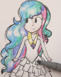 Size: 1024x1301 | Tagged: safe, artist:teacharms, princess celestia, human, g4, clothes, cute, cutelestia, dress, female, humanized, smiling, solo, traditional art