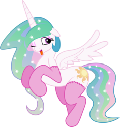 Size: 7500x7956 | Tagged: safe, artist:verard87, artist:zev, princess celestia, alicorn, pony, g4, absurd resolution, clothes, female, floppy ears, mare, missing accessory, one eye closed, open mouth, simple background, socks, solo, spread wings, tongue out, transparent background, wink