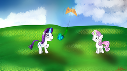 Size: 1920x1080 | Tagged: safe, rarity, scootaloo, sweetie belle, g4, cloud, cloudy, filly rarity, flower, kite, kite flying, playing, sisters