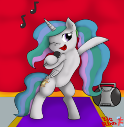 Size: 3166x3250 | Tagged: safe, artist:bigrinth, princess celestia, pony, g4, bipedal, female, high res, microphone, ponytail, singing, solo, wink