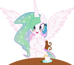 Size: 8524x7500 | Tagged: safe, artist:verard87, artist:zev, princess celestia, alicorn, pony, g4, :d, absurd resolution, blushing, cute, cutelestia, female, looking at you, mare, missing accessory, open mouth, simple background, sitting, smiling, solo, spread wings, tea, transparent background
