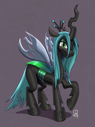 Size: 1024x1365 | Tagged: safe, artist:stinawo, queen chrysalis, changeling, changeling queen, g4, crown, female, jewelry, raised hoof, regalia, simple background, smirk, solo