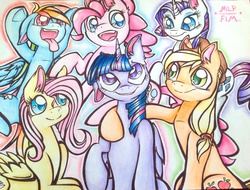 Size: 1959x1492 | Tagged: safe, artist:technicolor-confetti, applejack, fluttershy, pinkie pie, rainbow dash, rarity, twilight sparkle, alicorn, pony, g4, female, floppy ears, mane six, mare, traditional art, twilight sparkle (alicorn)