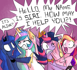 Size: 1280x1155 | Tagged: safe, artist:twilightisbestprincess, princess cadance, princess celestia, princess luna, twilight sparkle, alicorn, pony, ask the smartest princess, g4, alicorn tetrarchy, covering ears, female, iphone, mare, open mouth, phone, shocked, shocked expression, siri, tumblr, twilight sparkle (alicorn), yelling