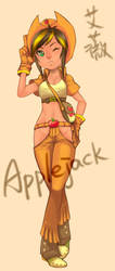Size: 500x1181 | Tagged: safe, artist:malamilje, applejack, human, g4, adonis belt, belly button, chaps, clothes, female, gloves, humanized, midriff, natural hair color, pixiv, solo, wink