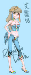 Size: 500x1181 | Tagged: safe, artist:malamilje, rainbow dash, human, g4, belly button, butt wings, clothes, corset, female, humanized, midriff, natural hair color, pixiv, sandals, shoulderless, solo, winged humanization