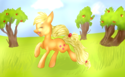 Size: 1024x634 | Tagged: safe, artist:rflzqt, applejack, g4, apple, female, happy, hatless, missing accessory, solo, tree