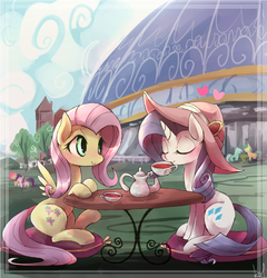 Size: 1000x1040 | Tagged: safe, artist:kolshica, fluttershy, rarity, pegasus, pony, unicorn, g4, blushing, cup, drink, duo focus, eyes closed, female, hat, lesbian, mare, ship:flarity, shipping, sitting, table, tea, teacup, teapot