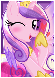 Size: 2913x4100 | Tagged: safe, artist:xwhitedreamsx, princess cadance, alicorn, pony, g4, alicorn princess, blushing, boop, cute, cutedance, female, heart, looking at you, open mouth, portrait, princess of love, self-boop, smiling, solo, wink