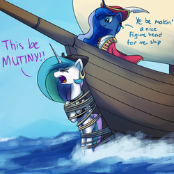 Size: 1200x1200 | Tagged: safe, artist:anticular, princess celestia, princess luna, alicorn, pony, ask sunshine and moonbeams, g4, boat, bondage, clothes, duo, duo female, earring, eyes closed, female, hat, hook, international talk like a pirate day, mare, ocean, open mouth, pirate, rope, tumblr, unsexy bondage, water