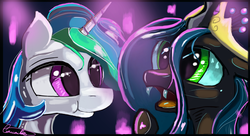 Size: 5040x2736 | Tagged: dead source, safe, artist:auroriia, princess celestia, queen chrysalis, alicorn, changeling, changeling queen, pony, g4, accessory swap, fangs, female, open mouth, puffy cheeks