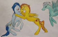 Size: 1599x1010 | Tagged: safe, artist:dawn22eagle, fleetfoot, soarin', spitfire, pegasus, pony, g4, blushing, female, male, nudity, sheath, ship:soarinfire, shipping, stallion, straight, tail, tail feathers, traditional art, trio