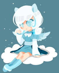 Size: 1175x1467 | Tagged: safe, artist:snow angel, oc, oc only, oc:snowdrop, human, clothes, cloud, dress, eared humanization, humanized, looking at something, on a cloud, pixiv, sitting, solo, winged humanization