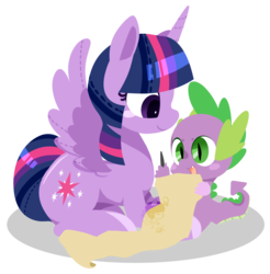 Size: 2028x2059 | Tagged: safe, artist:snow angel, spike, twilight sparkle, alicorn, pony, g4, female, high res, mare, pixiv, scroll, simple background, transparent background, twilight sparkle (alicorn), watermark