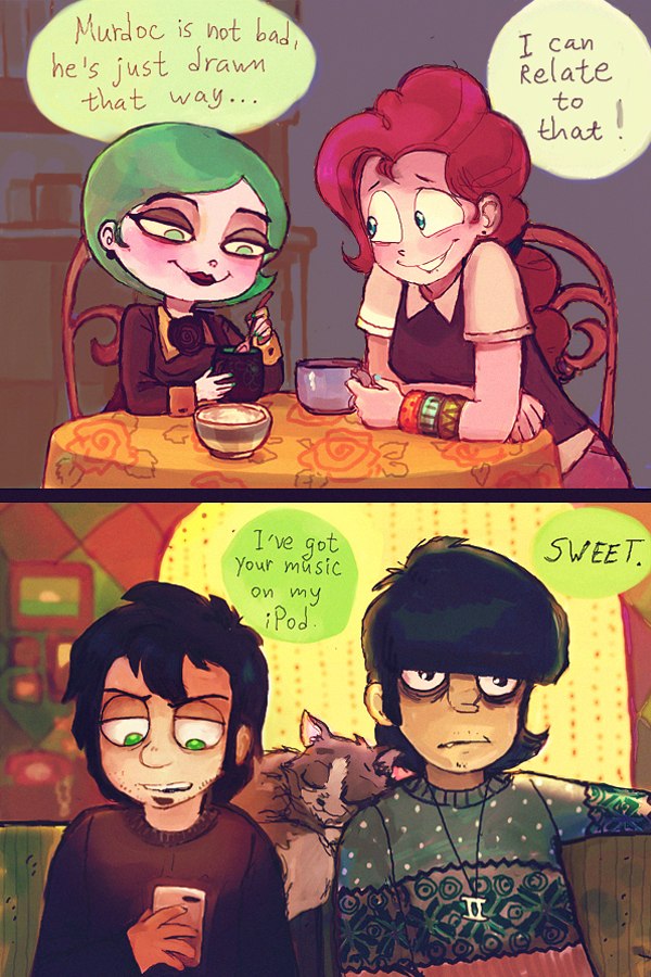 725460 - safe, artist:technaro, pinkie pie, human, cherry (studio killers),  comic, crossover shipping, dan, dan pie, dan vs, gorillaz, humanized, ipod,  mr mumbles, mug, murdoc, shipping - Derpibooru