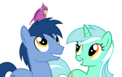 Size: 3809x2427 | Tagged: safe, artist:decprincess, blues, lyra heartstrings, noteworthy, bird, pony, unicorn, filli vanilli, g4, grin, high res, looking up, ponies standing next to each other, ship:lyraworthy, simple background, smiling, transparent background, vector
