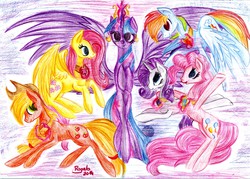 Size: 5120x3657 | Tagged: safe, artist:julunis14, applejack, fluttershy, pinkie pie, rainbow dash, rarity, twilight sparkle, alicorn, pony, g4, female, mane six, mare, traditional art, twilight sparkle (alicorn)