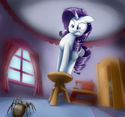 Size: 3961x3689 | Tagged: safe, artist:otakuap, rarity, pony, spider, unicorn, g4, arachnophobia, curtains, fear, female, high res, mare, scared, sewing machine, solo, stool, window