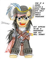 Size: 788x1013 | Tagged: safe, artist:the1king, oc, oc only, oc:blackmane, pony, assassin's creed, assassin's creed iv black flag, blackbeard, gap teeth, gun, holster, pirate, pistol, ponified, quote, solo, sword, weapon
