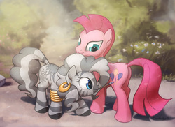 Size: 1248x907 | Tagged: safe, artist:cannibalus, pinkie pie, zecora, earth pony, pony, zebra, g4, accessory swap, bodypaint, bracelet, butt, cute, diapinkes, ear piercing, earring, female, jewelry, looking back, mare, mouth hold, paint in hair, paint on fur, paintbrush, painting, painting characters, palette swap, piercing, plot, recolor, zebraface, zecorable