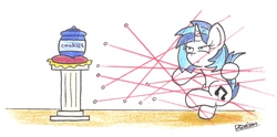 Size: 1726x854 | Tagged: safe, artist:bobthedalek, dj pon-3, vinyl scratch, pony, unicorn, g4, cookie jar, cushion, female, laser, podium, security, solo, this will end in tears