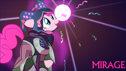 Size: 1600x900 | Tagged: safe, artist:yudhaikeledai, pinkie pie, g4, clothes, crepuscular rays, glowing, happy, looking at something, open mouth, raised hoof, side view, solo, warframe