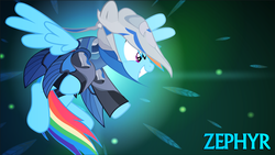 Size: 1600x900 | Tagged: safe, artist:yudhaikeledai, rainbow dash, g4, clothes, feather, flying, full body, kubrick stare, side view, smiling, solo, spread wings, warframe, wings