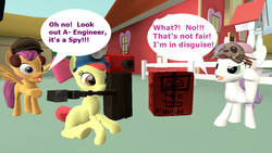 Size: 1280x720 | Tagged: safe, artist:pika-robo, apple bloom, scootaloo, sweetie belle, g4, 3d, comic, cutie mark crusaders, dispenser, engie bloom, engineer, engineer (tf2), gmod, playing, pretend, scout (tf2), scoutaloo, sentry, spy, spy (tf2), sweetie spy, team fortress 2, wrench