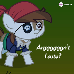 Size: 549x548 | Tagged: safe, pipsqueak, g4, official, colt, cute, eyepatch, foal, hub logo, male, pirate, squeakabetes, talk like a pirate day, text, the hub, yes