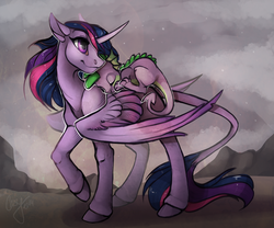 Size: 1280x1067 | Tagged: safe, artist:casynuf, spike, twilight sparkle, alicorn, pony, g4, carrying, leonine tail, twilight sparkle (alicorn)