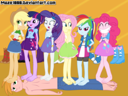 Size: 2000x1500 | Tagged: safe, artist:maze1000, applejack, big macintosh, fluttershy, pinkie pie, rainbow dash, rarity, twilight sparkle, equestria girls, g4, back massage, balloon, barefoot, boots, bracelet, clothes, feet, foot fetish, high heel boots, jewelry, massage, skirt