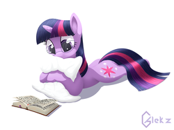 Size: 3000x2250 | Tagged: safe, artist:galekz, twilight sparkle, g4, book, female, glasses, high res, hug, pillow, prone, reading, simple background, solo