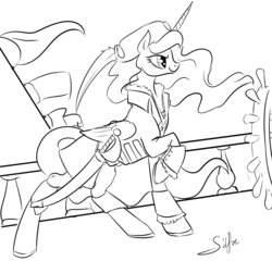 Size: 1280x1229 | Tagged: safe, artist:silfoe, princess luna, lunadoodle, g4, clothes, female, grayscale, international talk like a pirate day, monochrome, pirate, raised hoof, solo, sword, weapon