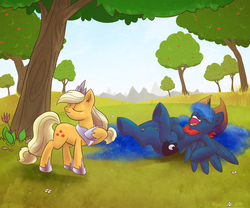 Size: 1200x1000 | Tagged: safe, artist:erysz, applejack, princess luna, alicorn, earth pony, pony, g4, :3, accessory swap, apple tree, bandana, dressup, eyes closed, female, friendshipping, hat, hat swap, laughing, legs in air, on back, open mouth, outdoors, pose, rofl, rolling, silly, silly pony, smiling, tree, underhoof, who's a silly pony