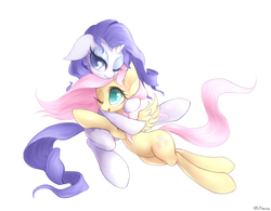 Size: 1237x967 | Tagged: safe, artist:mlpanon, fluttershy, rarity, pegasus, pony, unicorn, g4, cuddling, duo, duo female, female, horn, hug, lesbian, mare, one eye closed, open mouth, ship:flarity, shipping, simple background, smiling, snuggling, white background, wink
