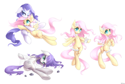 Size: 2375x1599 | Tagged: safe, artist:mlpanon, fluttershy, maud pie, rarity, pegasus, pony, unicorn, g4, bedroom eyes, bipedal, butt, clothes, collar, cuddling, cute, featureless crotch, female, flower in hair, garter, hug, lesbian, lingerie, mare, one eye closed, open mouth, plot, pubic mound, raribetes, rock, ship:flarity, shipping, shyabetes, simple background, smiling, snuggling, solo, white background, wink