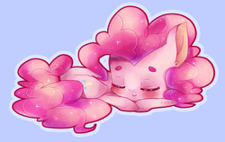 Size: 812x512 | Tagged: dead source, safe, artist:siukii, pinkie pie, g4, beanbrows, blue background, blushing, cute, diapinkes, ear fluff, eyebrows, eyes closed, female, simple background, sleeping, solo, sparkles