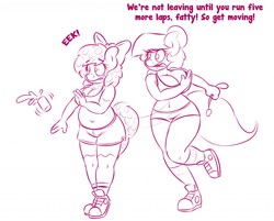 Size: 1280x1027 | Tagged: safe, artist:stunnerpone, oc, oc only, oc:cherry soda, oc:georgia lockheart, anthro, belly button, breasts, chubby, clothes, coach, converse, fat, hair bow, insult, jogging, midriff, monochrome, muffin top, shorts, sneakers, spanking, sports bra, surprised, water bottle, whistle, workout, workout outfit, yelling