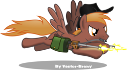 Size: 1202x665 | Tagged: safe, artist:vector-brony, oc, oc only, oc:calamity, pegasus, pony, fallout equestria, battle saddle, brand, branding, fallout, fanfic, fanfic art, gun, hat, male, rifle, saddle bag, shooting, simple background, solo, stallion, transparent background, weapon, wings
