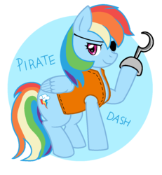 Size: 1045x1133 | Tagged: safe, artist:stockingstreams, rainbow dash, g4, clothes, eyepatch, female, hook, looking at you, patch, pirate, pirate dash, raised hoof, solo, submission